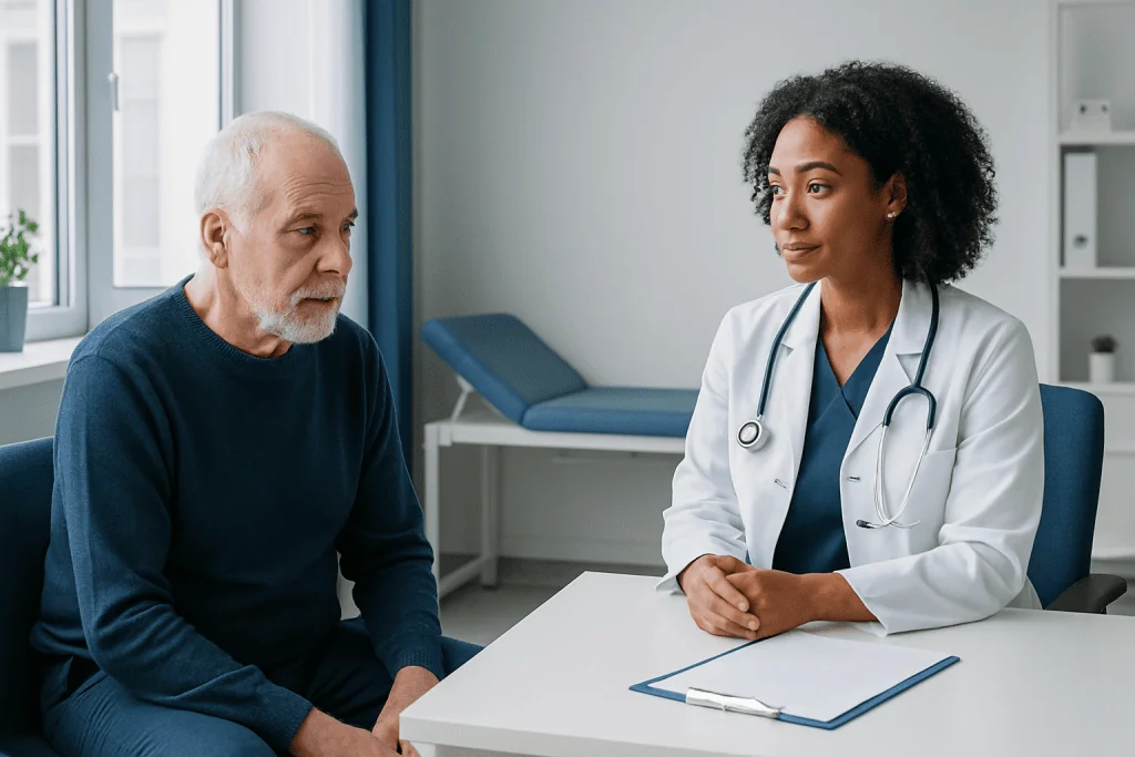 Doctor consulting with an elderly male patient in a medical office.