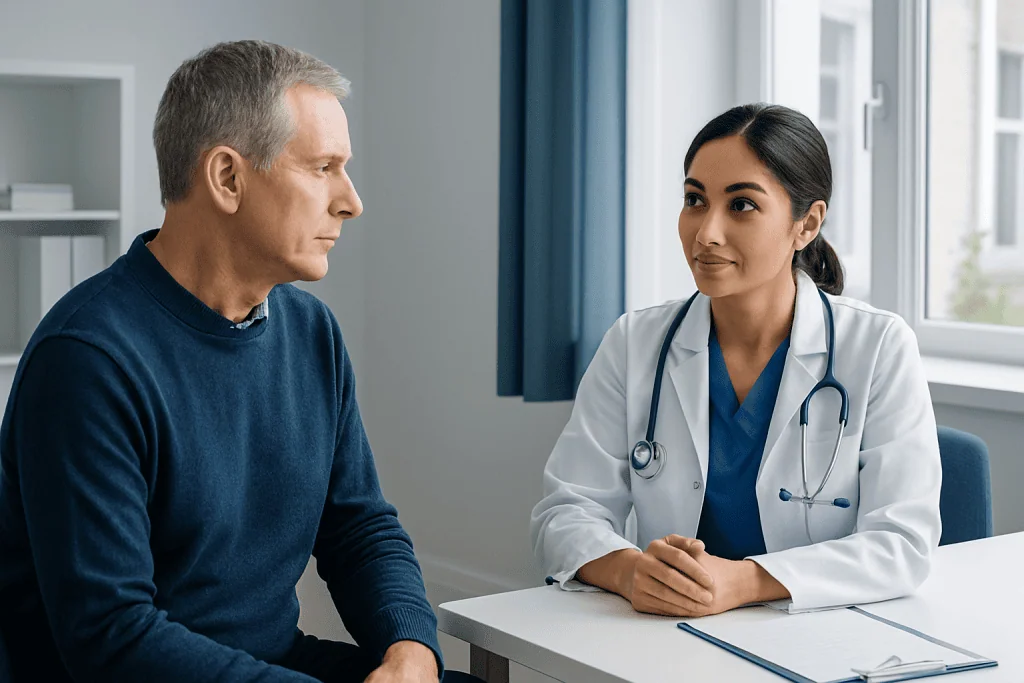 Doctor consulting with a patient in a modern hospital room.