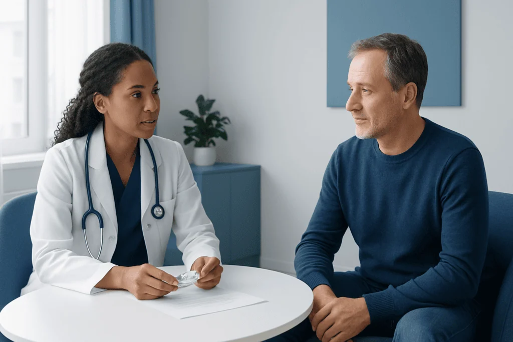 Doctor consulting with a male patient in a modern clinic setting.