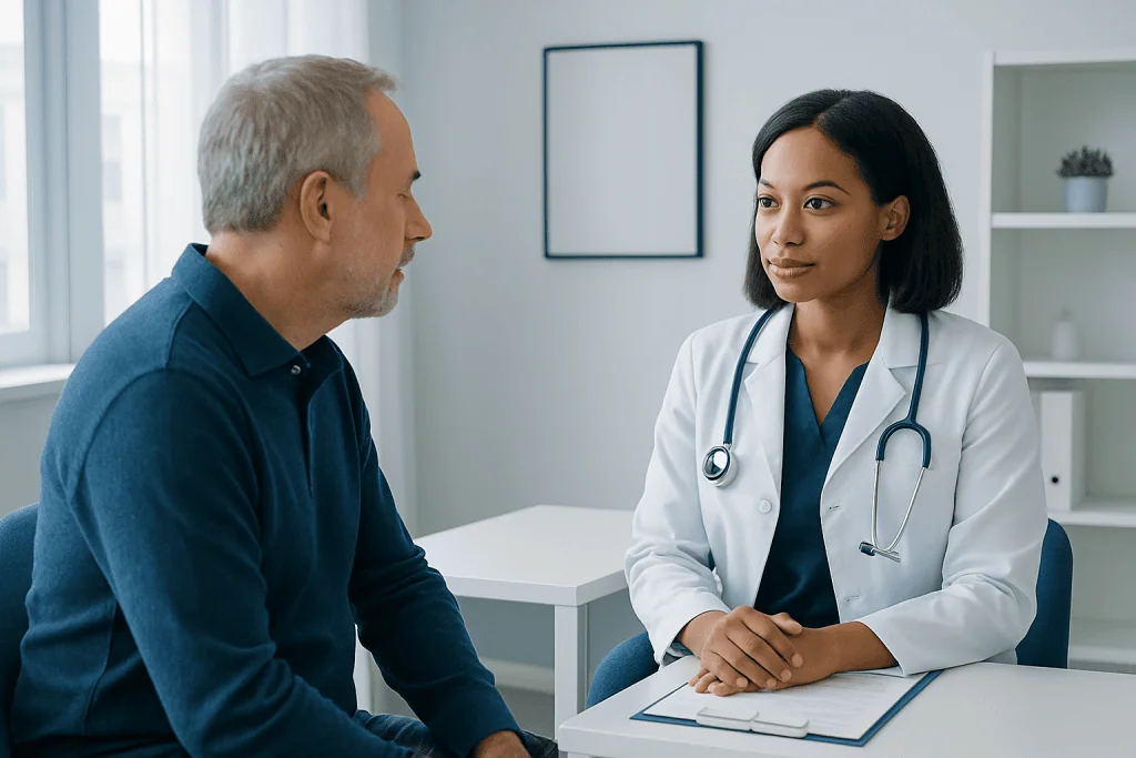 Doctor consulting with a patient in a modern medical office.