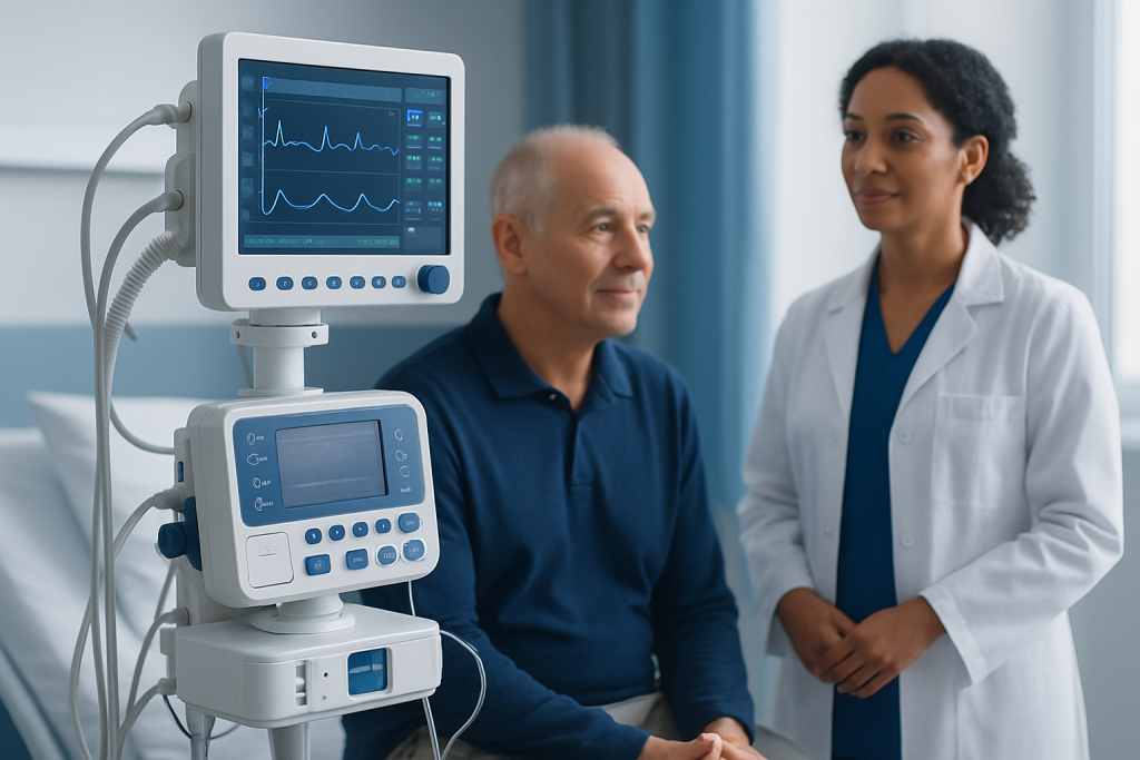 Doctor and patient in hospital room with medical monitoring equipment.