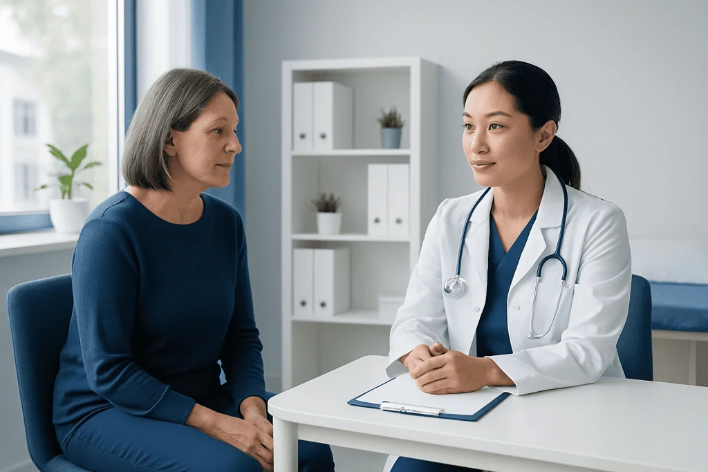 Doctor consulting with a female patient in a modern clinic setting.
