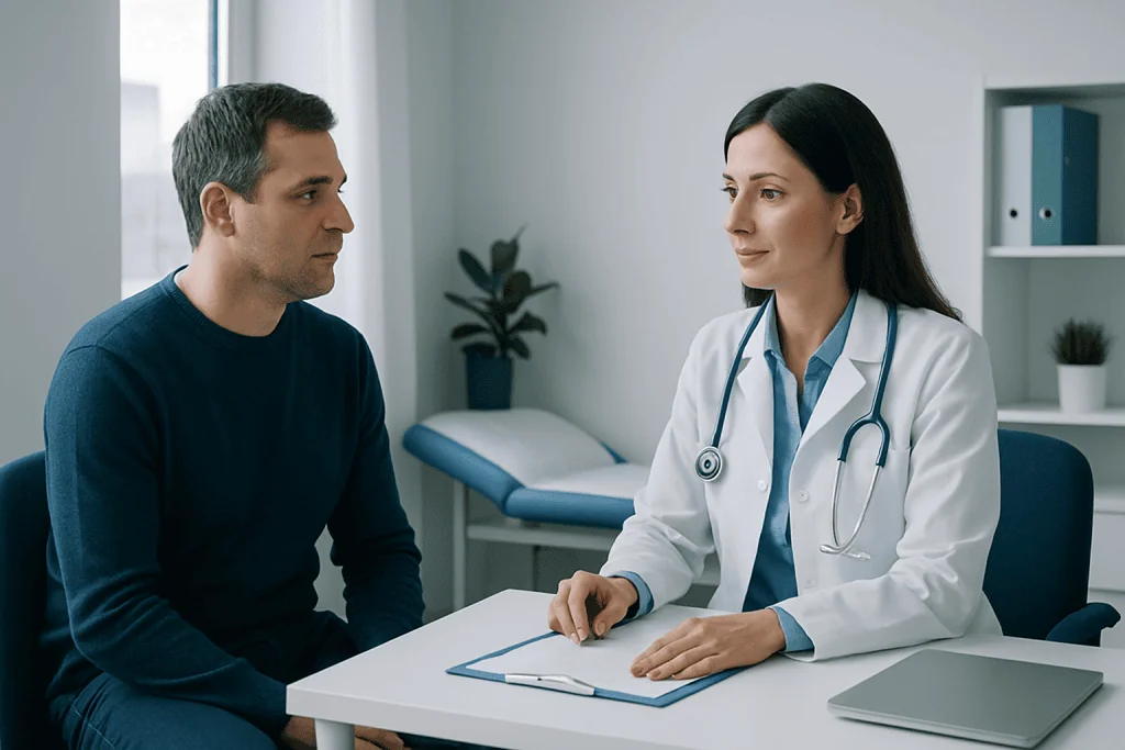 Doctor consulting with a patient in a modern hospital room.