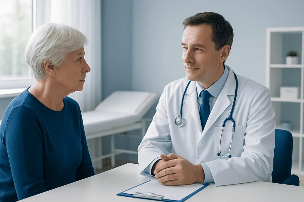 Doctor consulting with elderly female patient in a medical office.