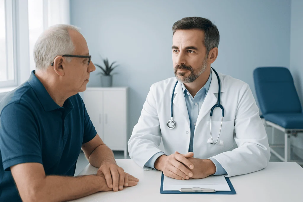 Doctor consulting with an elderly patient in a medical office.