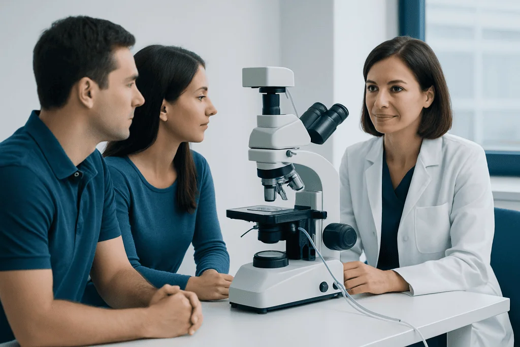 Fertility clinic consultation with a doctor and couple using a microscope.