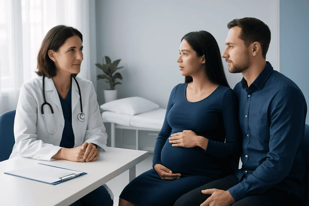 Pregnant woman consulting with a doctor in a hospital setting.