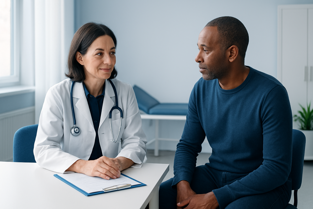Doctor consulting with a patient in a medical office setting.