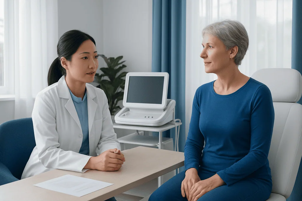 Doctor consulting with an older female patient in a medical office.