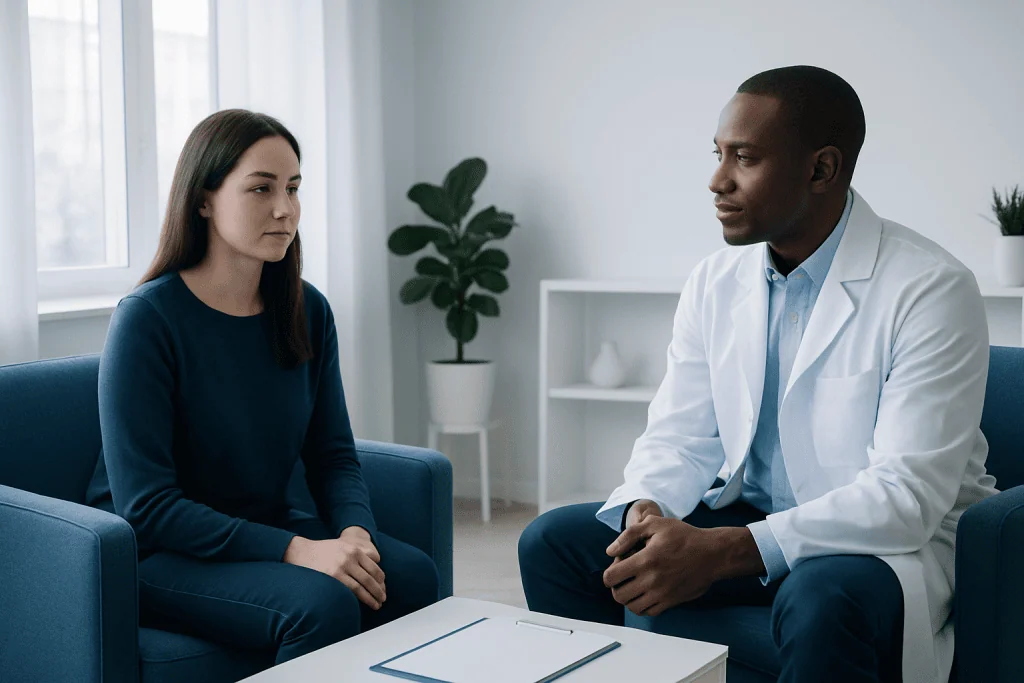 Doctor consulting with a patient in a modern clinic setting.