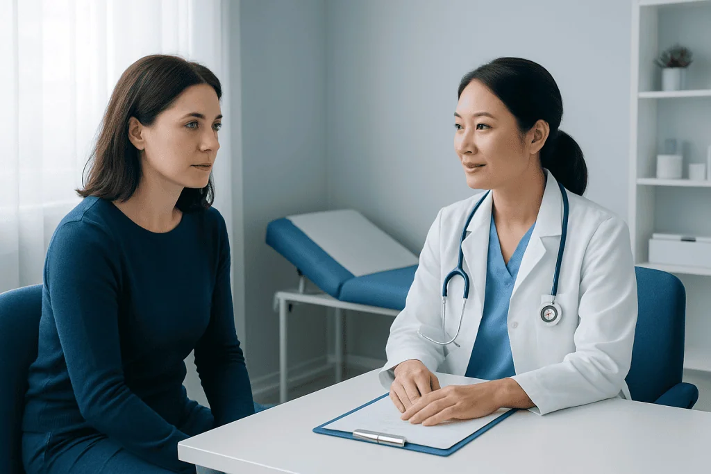 Doctor consulting with patient in a medical office setting.