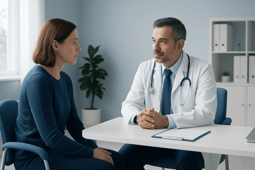 Doctor consulting with a female patient in a modern clinic setting.