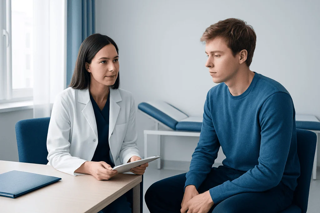 Doctor consulting with a young male patient in a medical office.