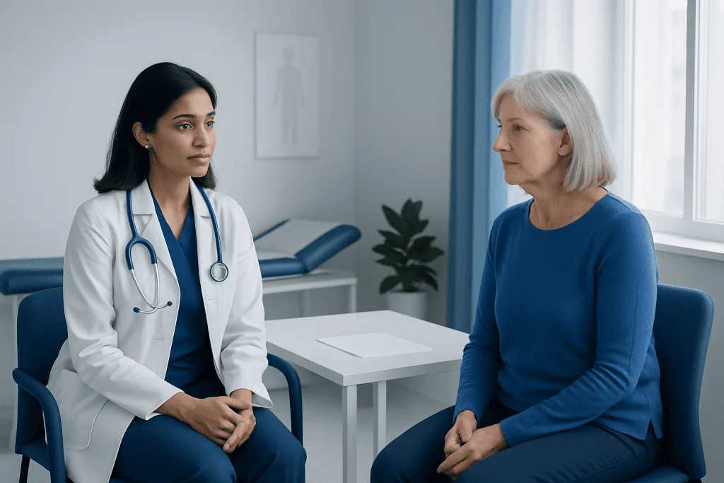 Doctor consulting with an elderly female patient in a medical office.