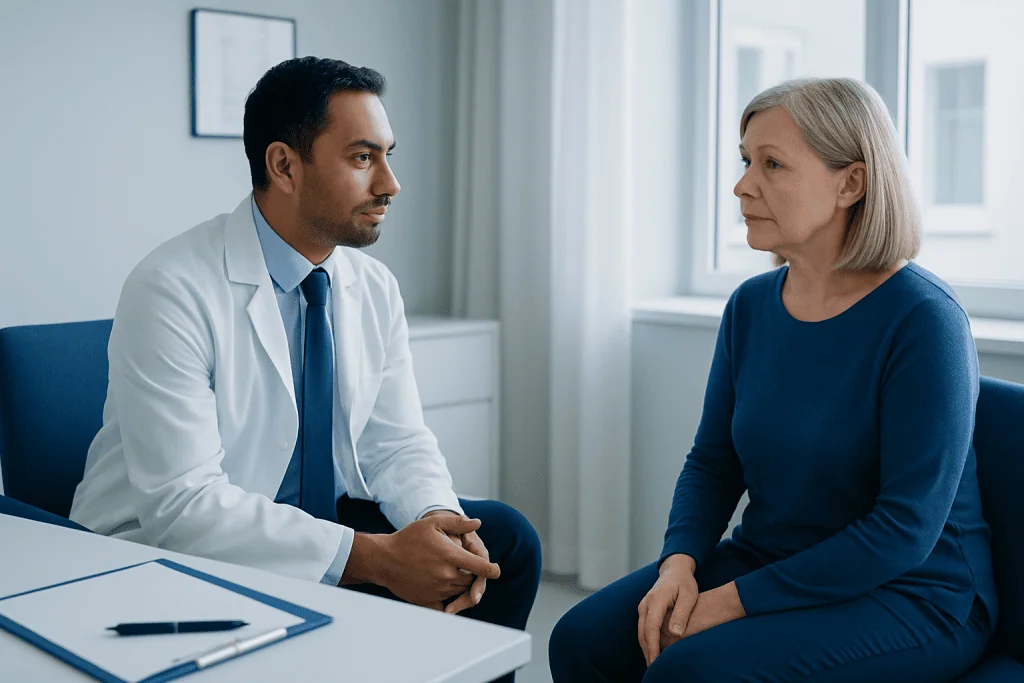 Doctor consulting with an elderly female patient in a medical office.