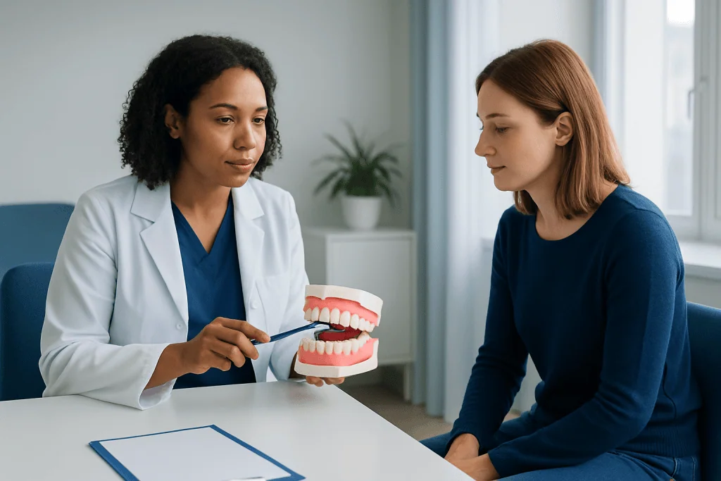 Dentist explaining dental health to a patient using a model of teeth.