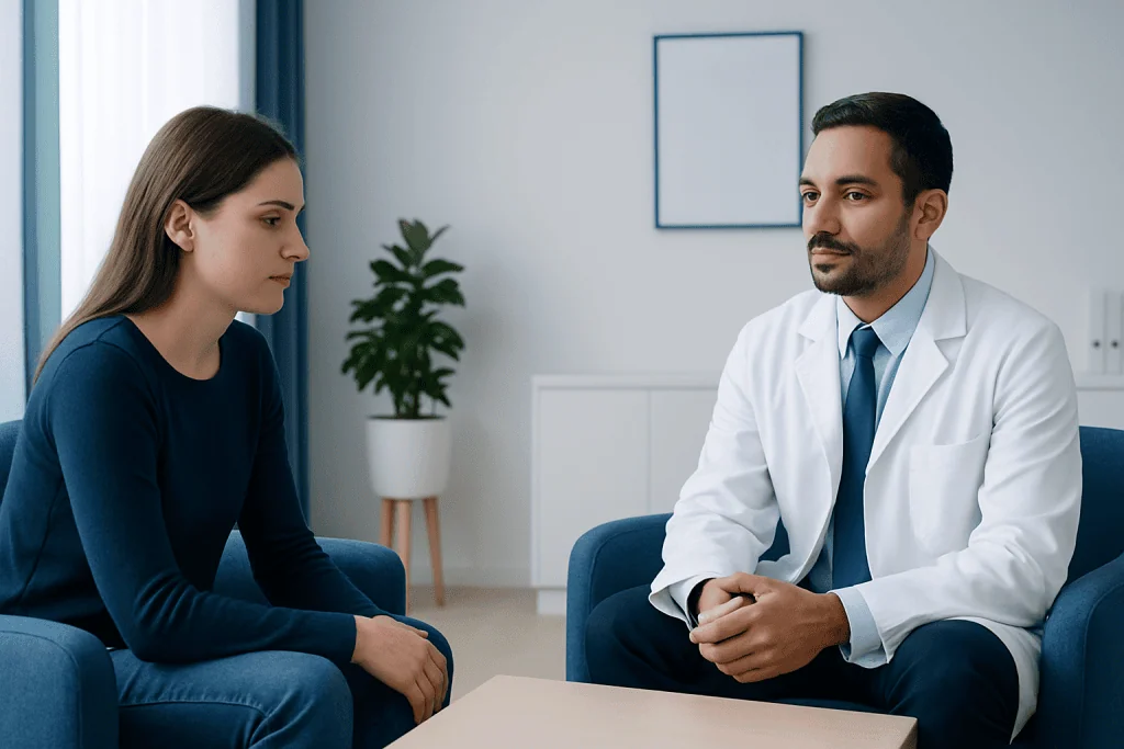 Doctor consulting with a patient in a modern medical office.