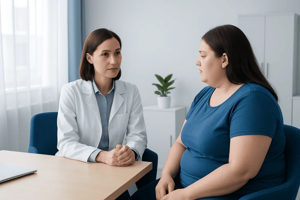Doctor consulting overweight woman in a medical office.