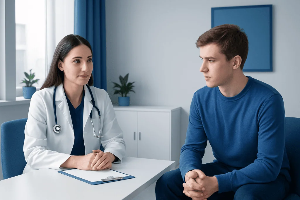 Doctor consulting with a young male patient in a modern clinic.