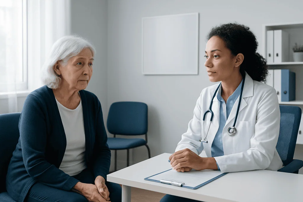Doctor consulting with elderly woman in a medical office.