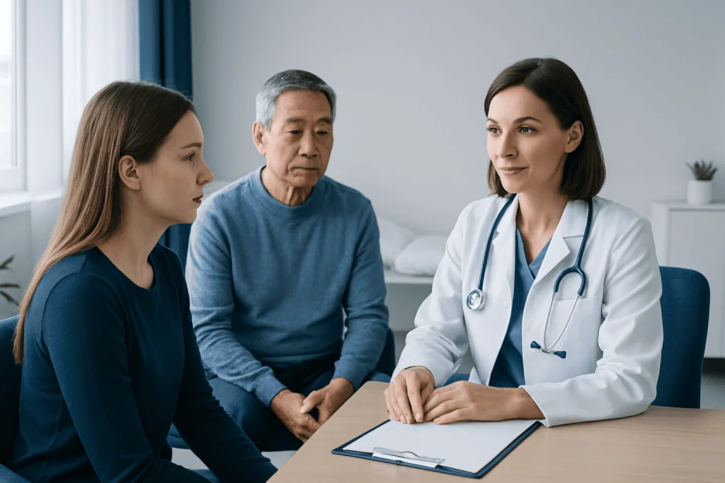 Doctor consulting with patients in a medical office setting.