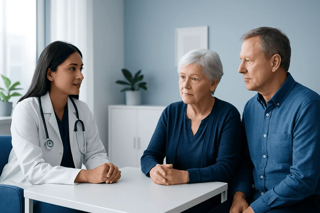Doctor consulting elderly couple in a modern medical office.