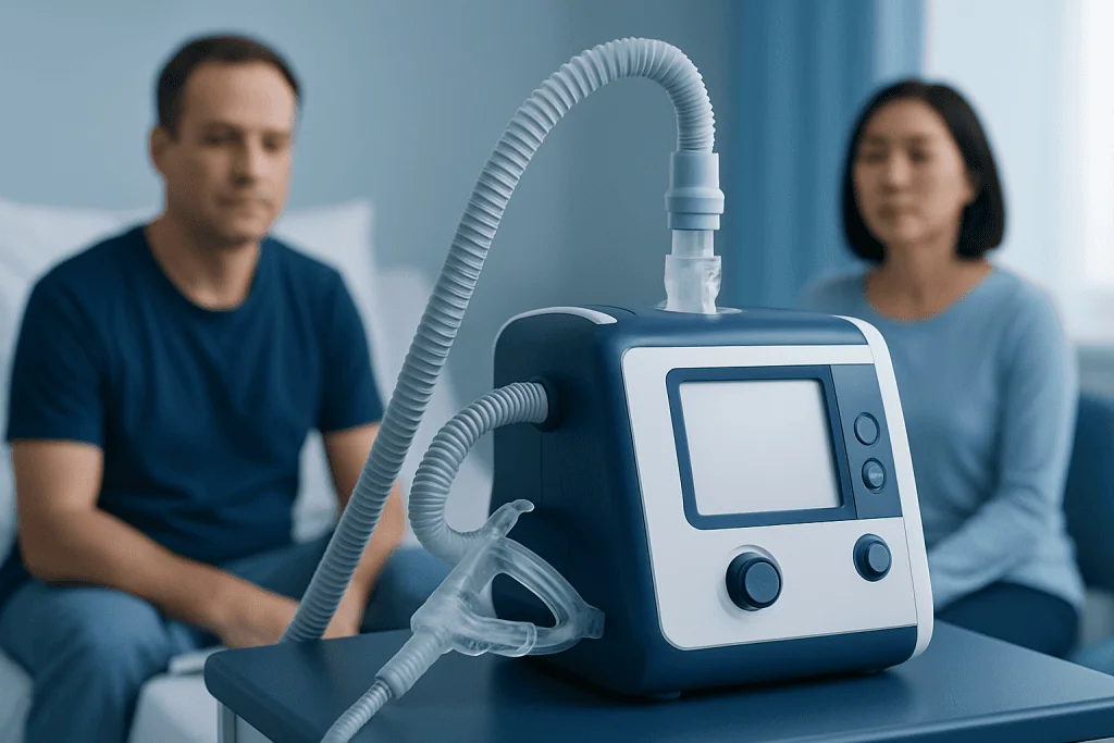 CPAP machine used for sleep apnea treatment with patients in background.