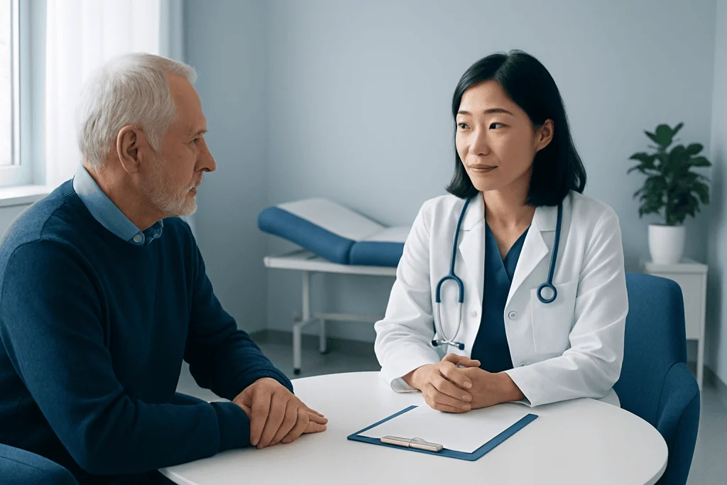 Doctor consulting with an elderly male patient in a medical office.