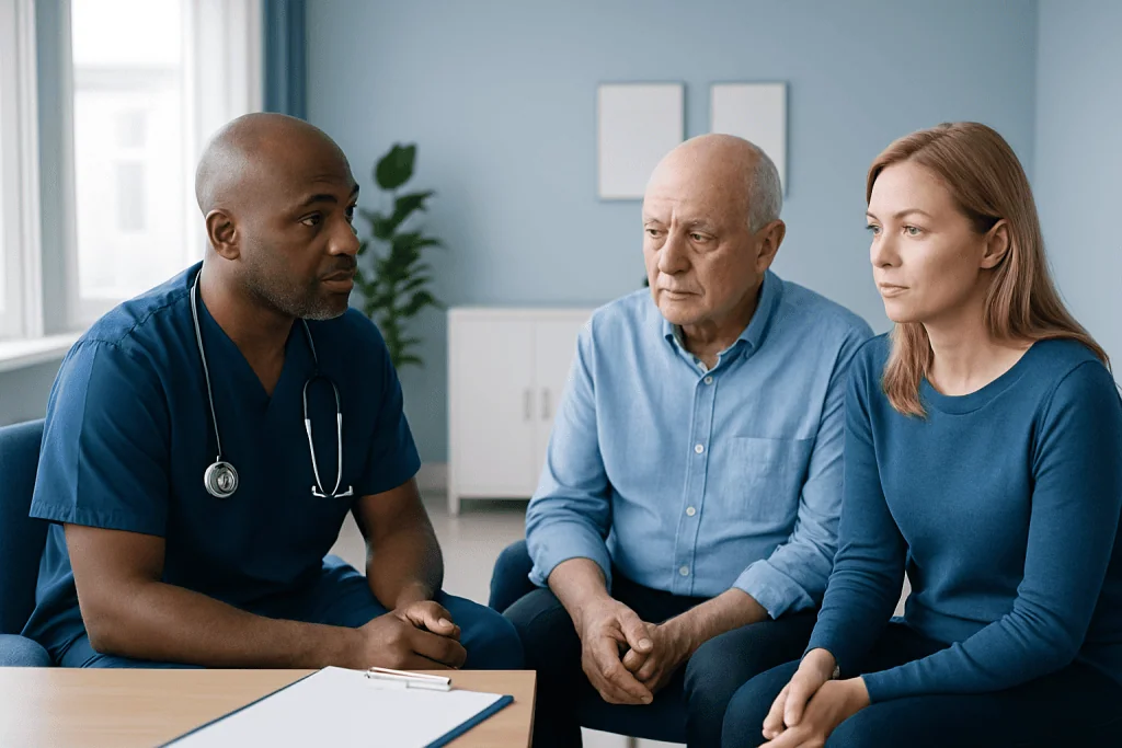 Doctor consulting with elderly patient and caregiver in hospital setting.