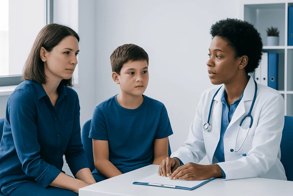 Doctor consulting with a mother and son in a medical office.