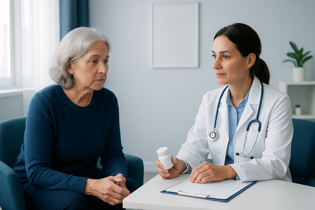 Doctor discussing sleep medication with an elderly patient in a clinic.
