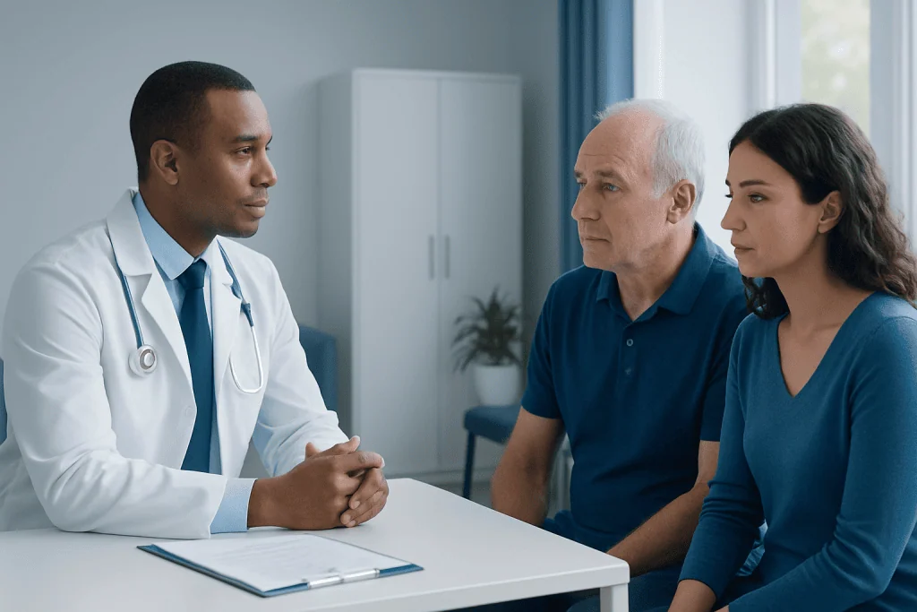 Doctor consulting with a middle-aged male patient and a young female patient in a medical office.