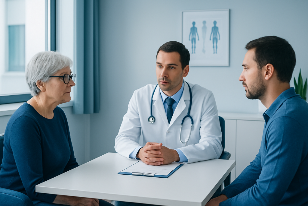 Doctor consulting with elderly female patient in a medical office.