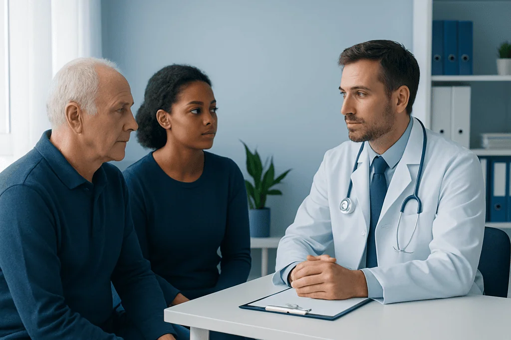 Doctor consulting with elderly male and female patients in a medical office.