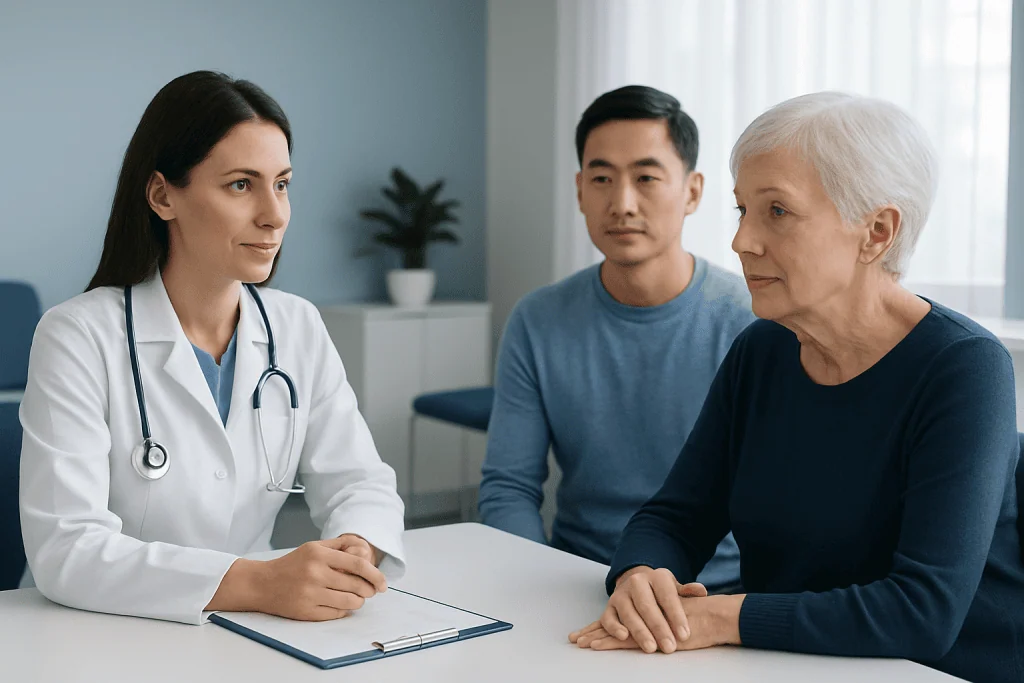 Doctor consulting with elderly female patient in a medical office.