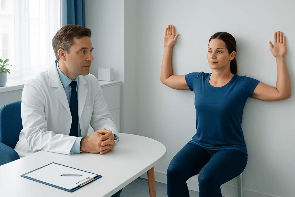 Doctor consulting with patient performing wall angels exercise for shoulder mobility.