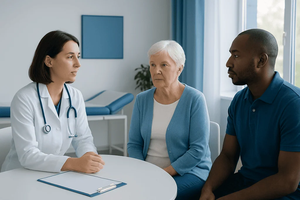 Doctor consulting with elderly patient and caregiver in clinic setting.