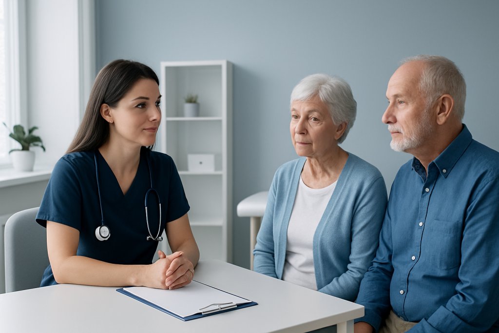 Doctor consulting elderly couple in a medical office.