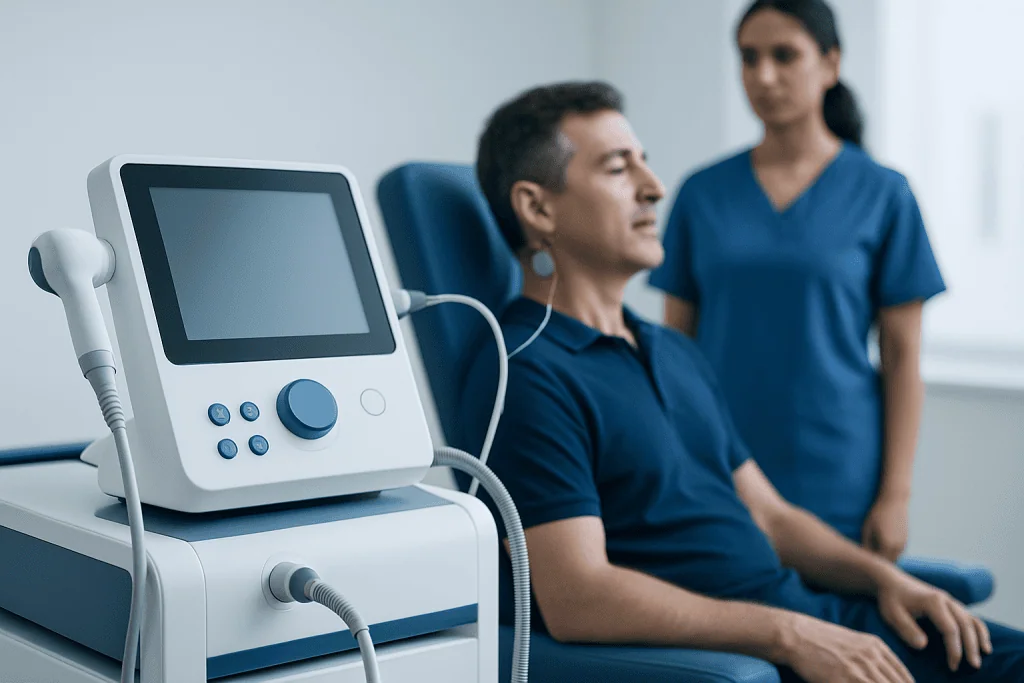 Patient undergoing neuromodulation treatment with medical staff present.