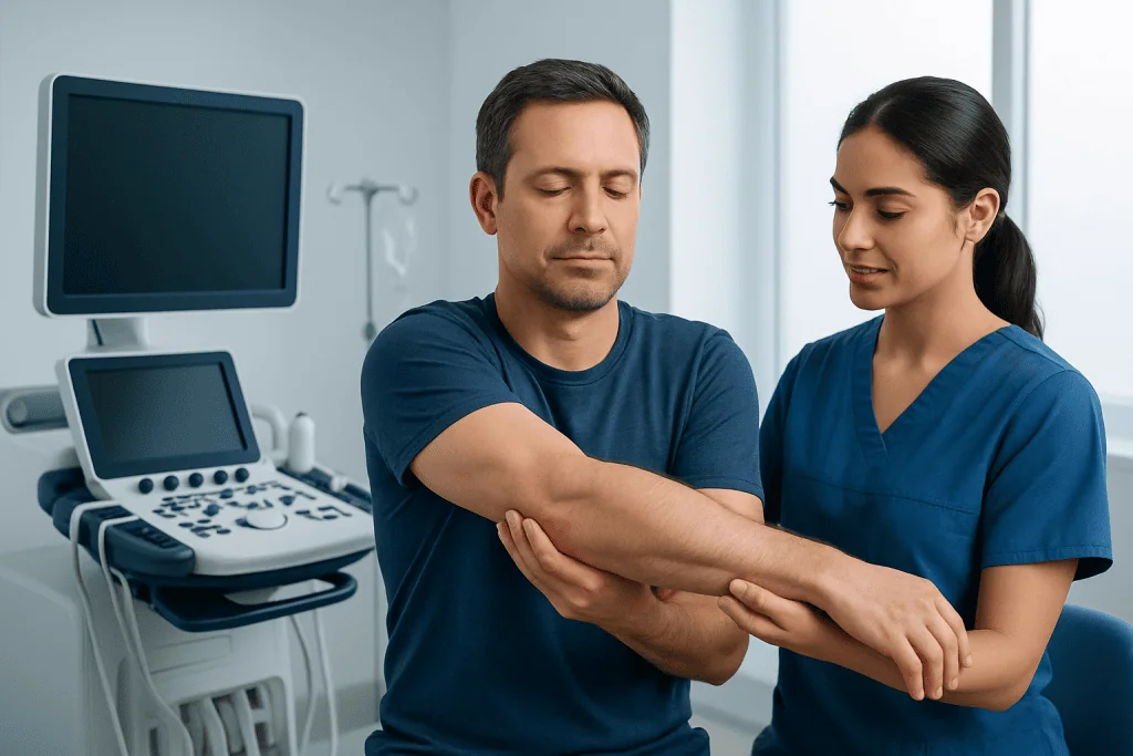 Patient experiencing arm pain during medical examination at Acibadem Hospital.
