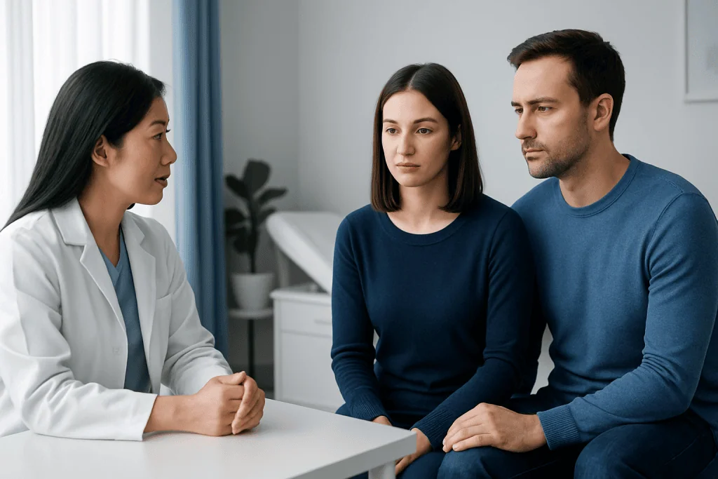Doctor consulting with a couple in a medical office setting.