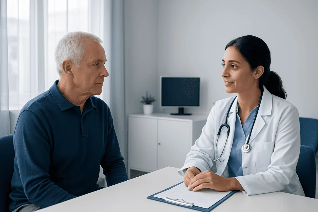 Doctor consulting with an elderly male patient in a medical office.