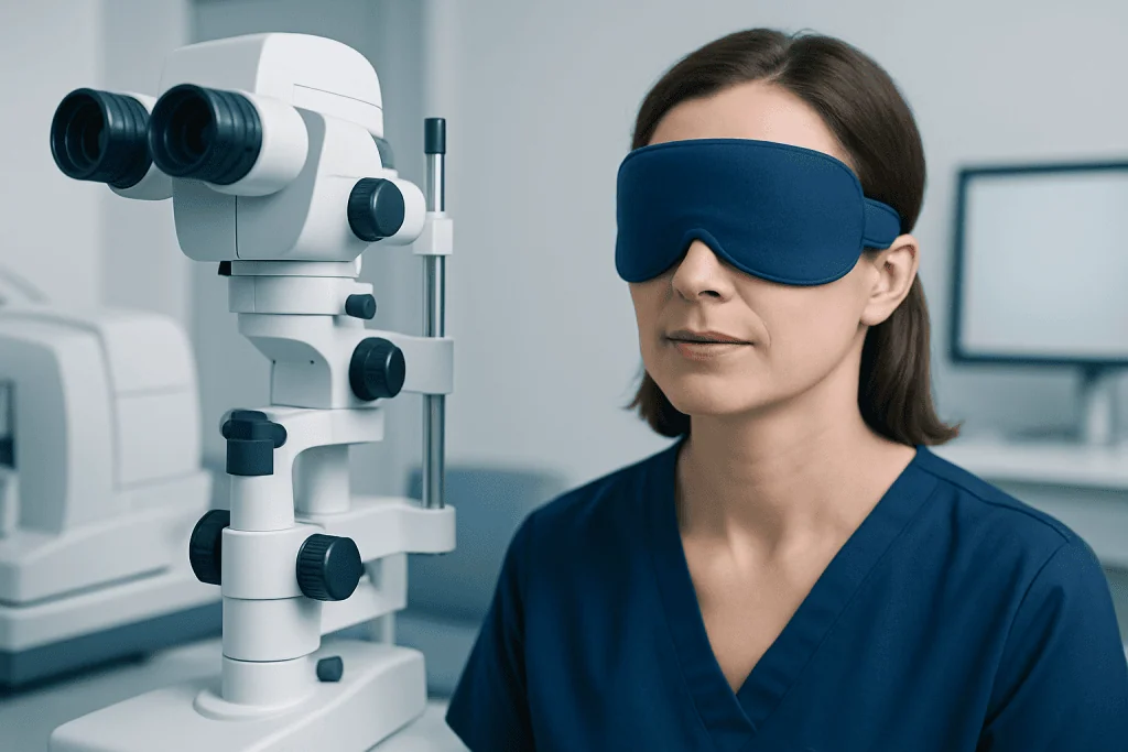 Medical professional using eye examination equipment with eye mask.