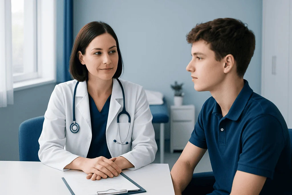 Doctor consulting with a teenage patient in a modern clinic setting.