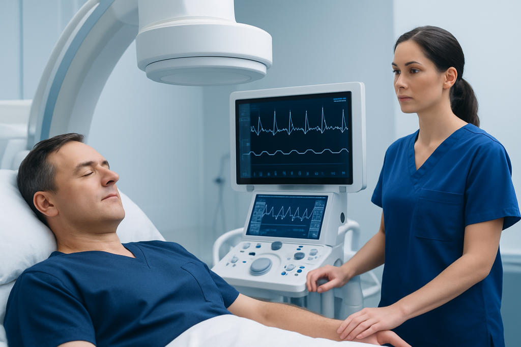 Medical professional monitoring patient during cardiac procedure at Acibadem Hospital.