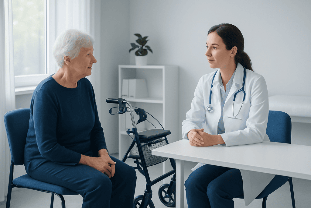Doctor consulting elderly patient with walker in a medical office.