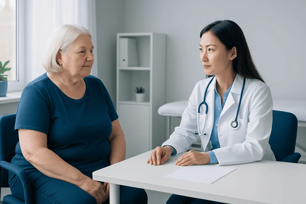 Doctor consulting with an elderly female patient in a modern clinic.