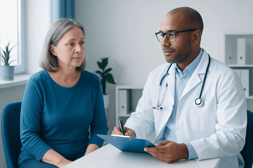 Doctor consulting with a middle-aged woman in a medical office setting.