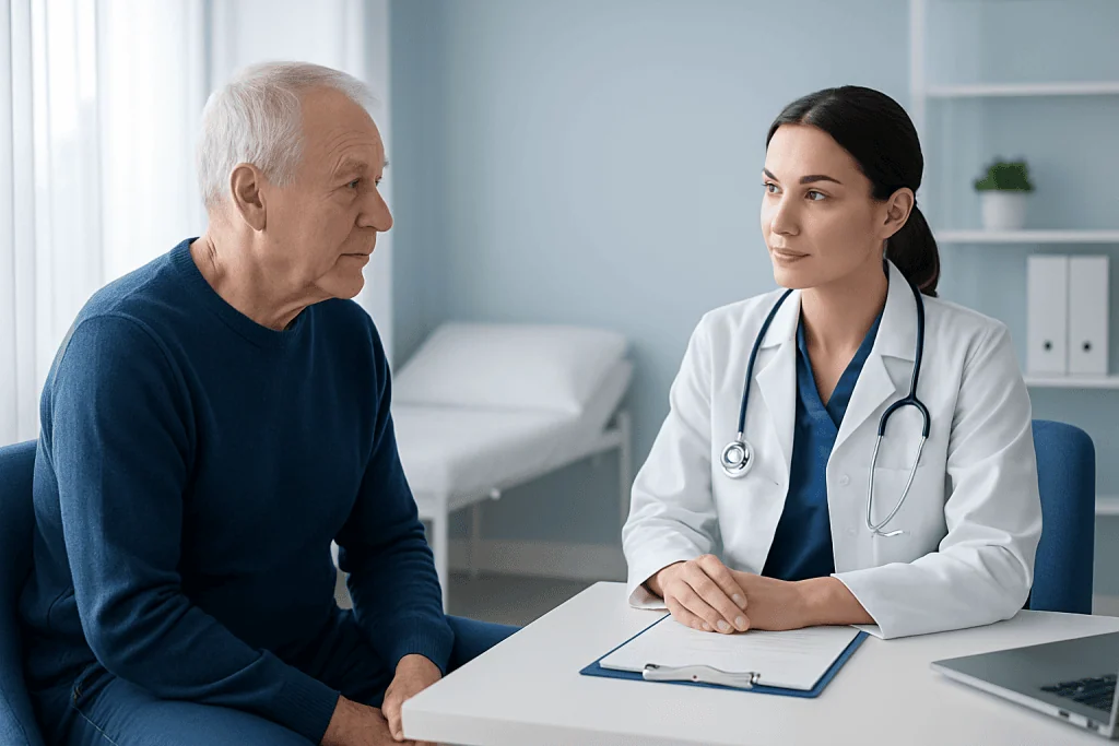 Doctor consulting with elderly male patient in a medical office.