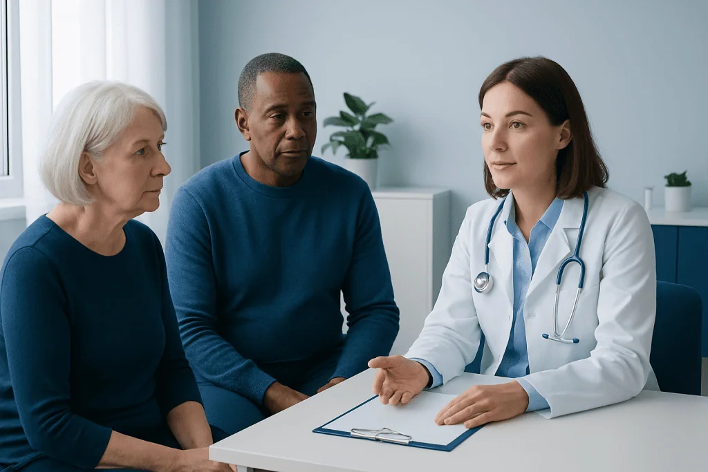 Doctor consulting with elderly patients in a medical office.